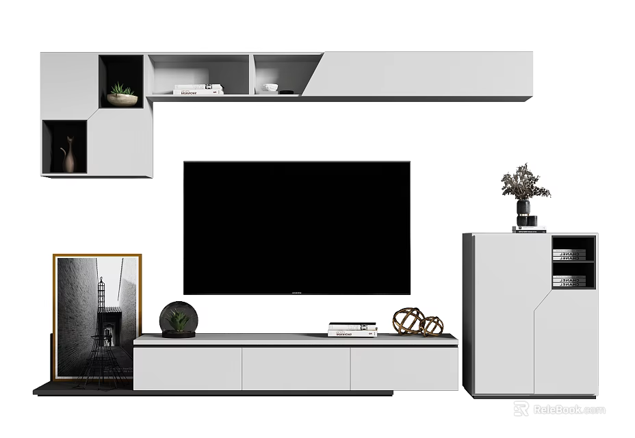 Modern White TV Stand with Storage Drawers Decorative Wall Shelves and Plants 3d model 