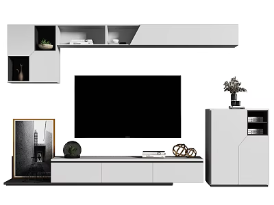 Modern White TV Stand with Storage Drawers Decorative Wall Shelves and Plants 3d model