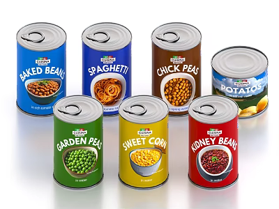 Assorted Canned Foods Baked Bean Spaghetti Chick Pea Garden Pea Sweet Corn And Honey Bean 3d model