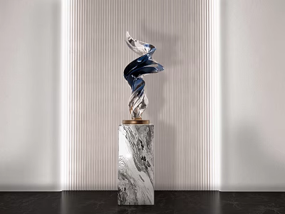 Modern Abstract Sculpture Carving With Blue White Swirl Design On Marble Base 3d model