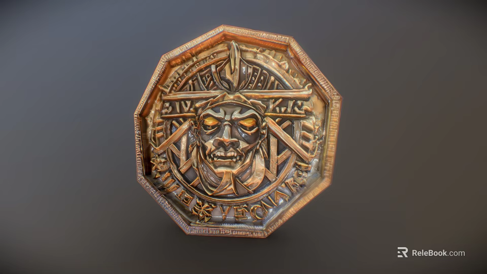 Octagonal Copper Decorative Plaque Featuring Carved Mask And Intricate Ornate Patterns 3d model 