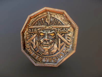 Octagonal Copper Decorative Plaque Featuring Carved Mask And Intricate Ornate Patterns 3d model