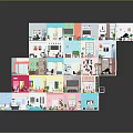 Colorful Cartoon Scene With Multi Layered Room Models And Various Furniture Like Beds Sofas Bookshelves