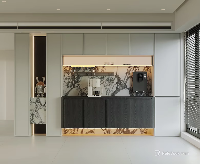 Modern Kitchen Interior With Dining Sideboard Marble Backsplash And Cabinets 3d model