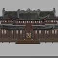 Cartoon Scene of Traditional Chinese Architecture with Curved Roof Carved Decorations and Wooden Railings