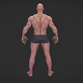 Muscular Bald Man 3D Model Standing in Blue Shorts and Bare Torso
