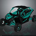 Turquoise And Black Off Road UTV With Open Cabin Large Tires And Sporty Design