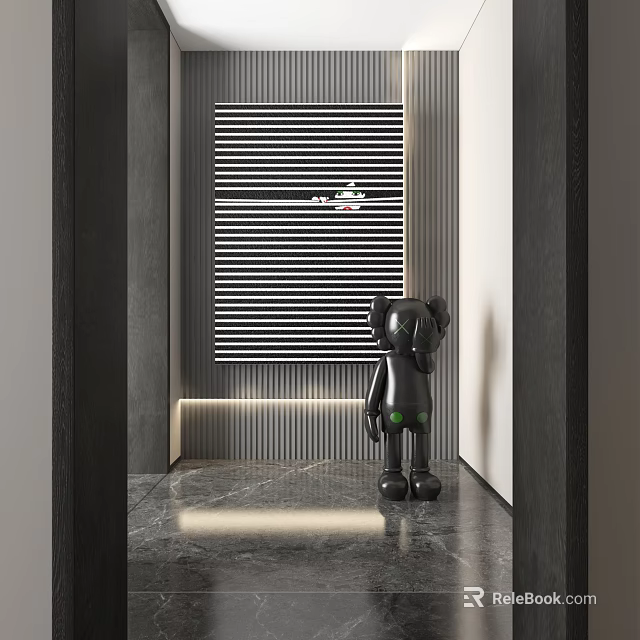 Modern Foyer Hallway With Striped Art And Black Sculpture 3d model 
