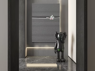 Modern Foyer Hallway With Striped Art And Black Sculpture 3d model