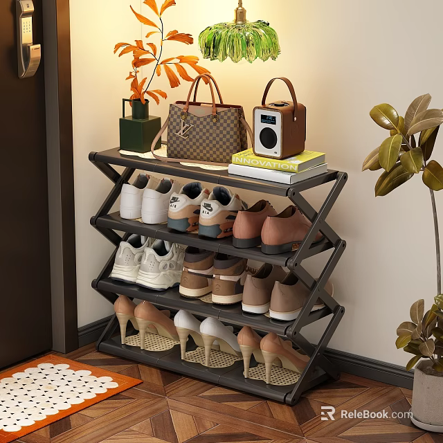 Multi Tier Modern Shoe Rack With Shoes Handbag Speaker And Decorative Plants 3d model 