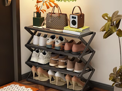 Multi Tier Modern Shoe Rack With Shoes Handbag Speaker And Decorative Plants 3d model