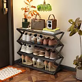 Multi Tier Modern Shoe Rack With Shoes Handbag Speaker And Decorative Plants