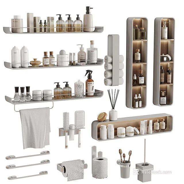 Modern Bathroom Essentials With Organized Storage Shelves Towel Racks And Toiletries 3d model 