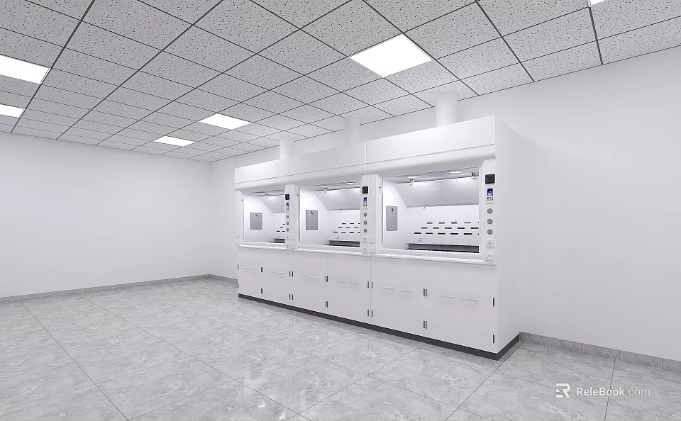 Modern Laboratory Interior With White Fume Hoods Ceiling Lights And Tile Floor 3d model 