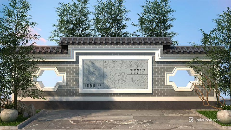 Traditional Chinese Landscape Wall With Carved Relief Tile Roof And Circular Lattice Windows 3d model 