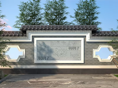 Traditional Chinese Landscape Wall With Carved Relief Tile Roof And Circular Lattice Windows 3d model