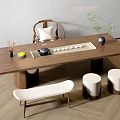Wooden Tea Table with Chairs Stools Teapot Tea Cups and Potted Green Plant