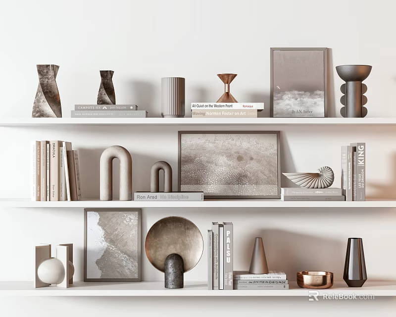 Modern Decorative Ornament Collection Display On Shelves With Books Frames And Sculptures 3d model 