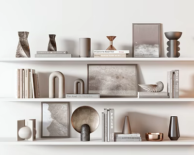 Modern Decorative Ornament Collection Display On Shelves With Books Frames And Sculptures 3d model