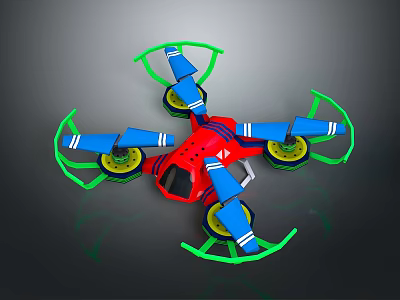 Vibrant Quadcopter Drone With Red Body Blue Propeller Arms Green Protective Rings And Yellow Wheels 3d model
