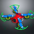 Vibrant Quadcopter Drone With Red Body Blue Propeller Arms Green Protective Rings And Yellow Wheels