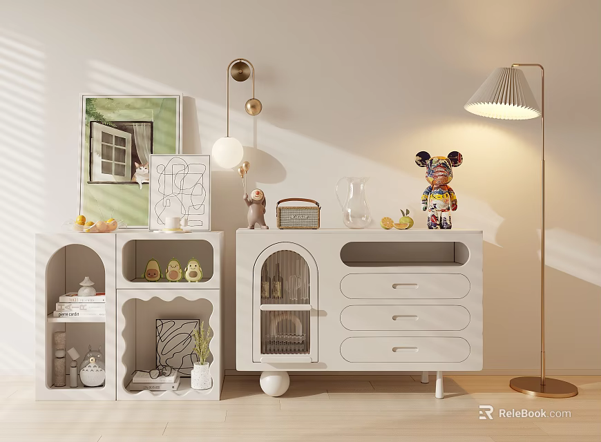 Modern Stylish Entryway Cabinet Sideboard With Storage Shelves And Decorative Items 3d model 