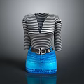 Black and White Striped V Neck Long Sleeve Top with Blue Denim Jeans and Belt
