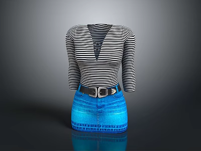Black and White Striped V Neck Long Sleeve Top with Blue Denim Jeans and Belt 3d model
