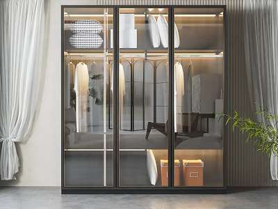 Modern Glass Door Wardrobe With Metal Frame Integrated Lighting And Storage Design 3d model