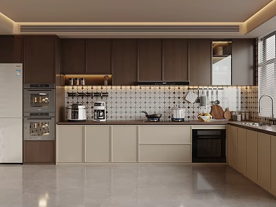 Modern Kitchen Interior Design With Dark Light Cabinets Appliances And Tile Backsplash 3d model