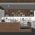 Modern Café Interior Featuring Wooden Counter Shelves Coffee Machines And Pastry Display Case