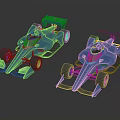 Two Blue Streamlined Formula Racing Cars With Aerodynamic Body And Rear Wings