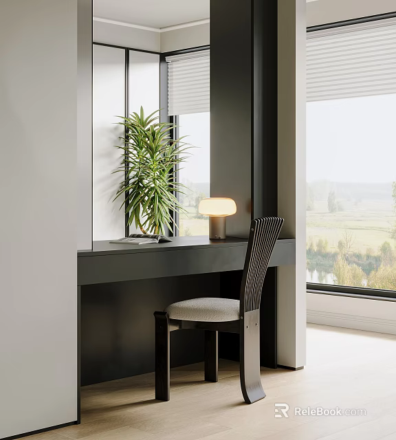 Modern Home Office Desk And Chair Set With Potted Plant Table Lamp And Window View 3d model 