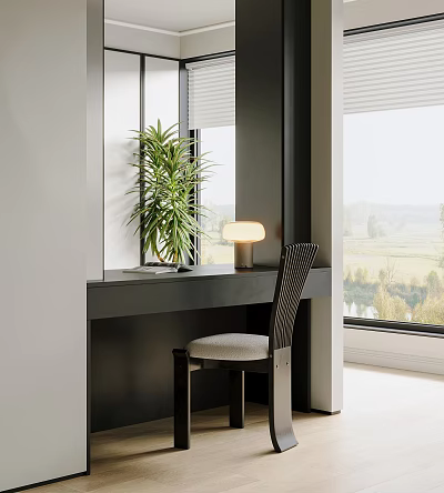 Modern Home Office Desk And Chair Set With Potted Plant Table Lamp And Window View 3d model
