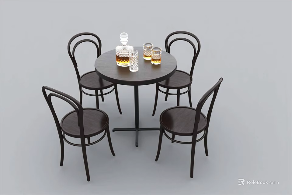 Modern Round Dining Table Set With Four Chairs And Decanter Glasses 3d model