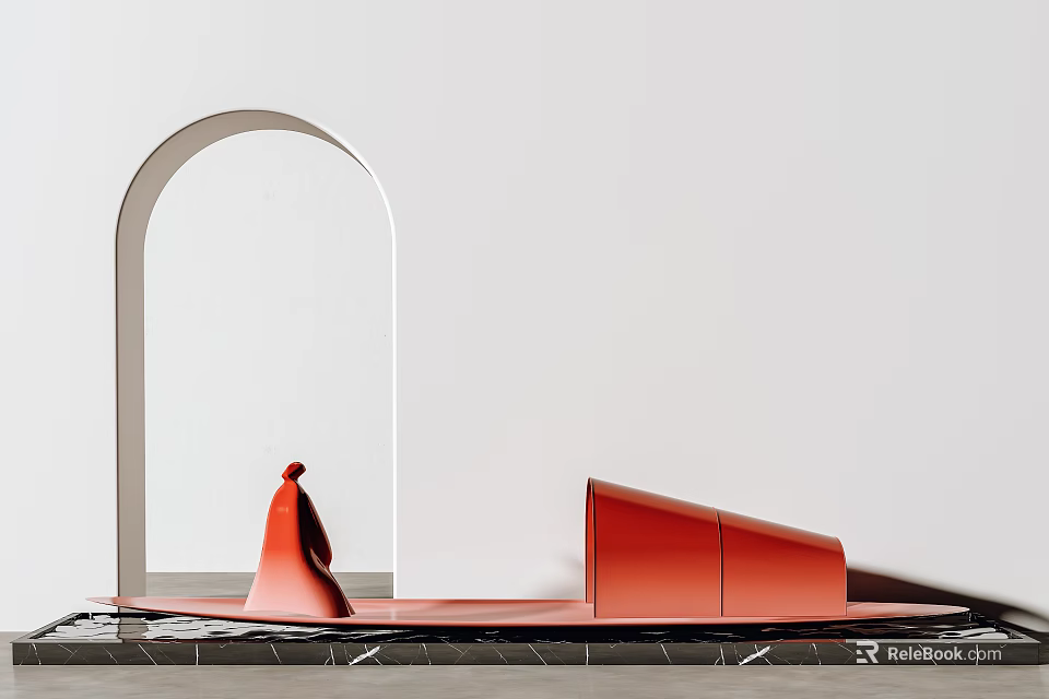 Abstract Red Sculptures In Modern Space With Arched Doorway White Background And Dark Textured Floor 3d model 