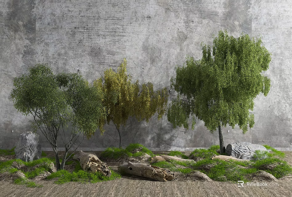 Arbor Trees With Green And Yellow Foliage Surrounded By Grass Stones And Logs 3d model 