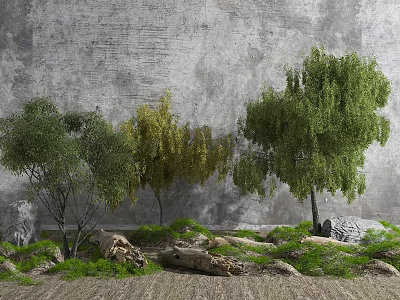 Arbor Trees With Green And Yellow Foliage Surrounded By Grass Stones And Logs 3d model