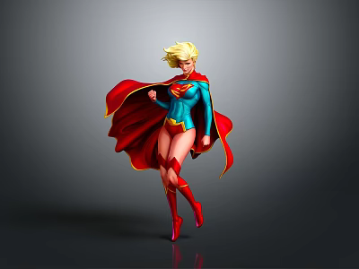 Blonde Female Superhero In Blue Costume With Red Cape Dynamic Pose Dark Background 3d model