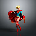 Blonde Female Superhero In Blue Costume With Red Cape Dynamic Pose Dark Background
