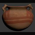 Ancient Pottery Jar with Animal Shaped Handles and Red White Stripes Design