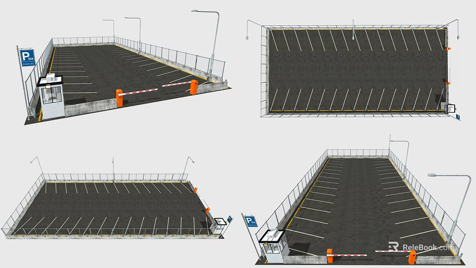 Well Designed Parking Lot With Fencing Parking Lines Entrance And Street Lamps 3d model 