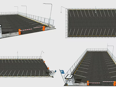 Well Designed Parking Lot With Fencing Parking Lines Entrance And Street Lamps 3d model