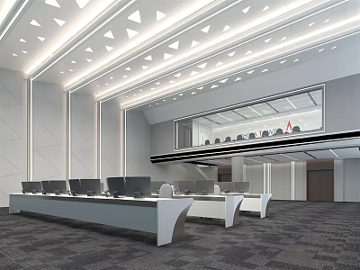 Modern Monitoring Room Interior With Multiple Computer Monitors Control Consoles And Ceiling Lights 3d model