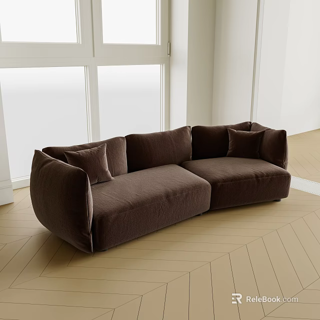 Brown Velvet Abstract Shape Sofa With Cozy Cushions In Natural Light On Light Wooden Floor 3d model 