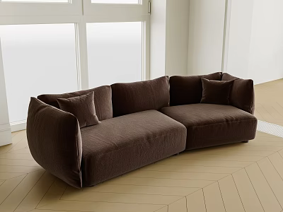 Brown Velvet Abstract Shape Sofa With Cozy Cushions In Natural Light On Light Wooden Floor 3d model