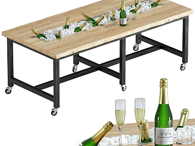 Commercial Mobile Serving Table with Ice Buckets Champagne Bottles and Wine Glasses 3d model