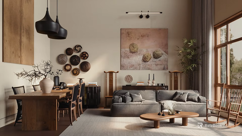 Modern Living Dining Room With Grey Sofa Wooden Table Pendant Lights And Wall Decor Plates 3d model 