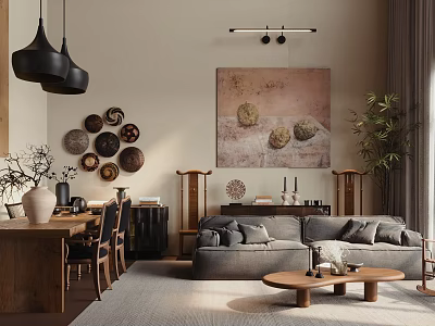 Modern Living Dining Room With Grey Sofa Wooden Table Pendant Lights And Wall Decor Plates 3d model