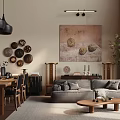 Modern Living Dining Room With Grey Sofa Wooden Table Pendant Lights And Wall Decor Plates